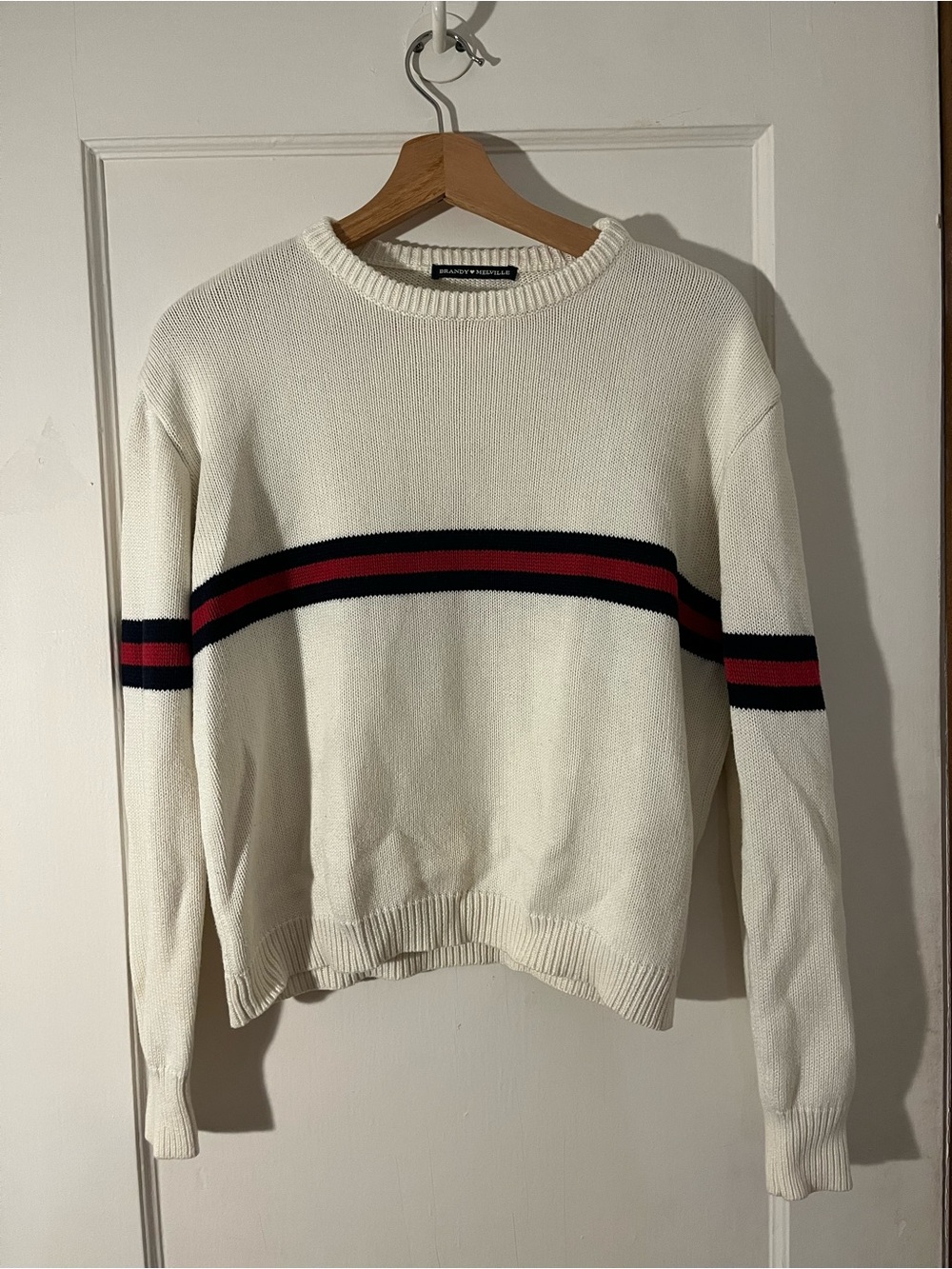 Brandy Melville Cream Stripe Crewneck Sweater with Navy and Red Accents